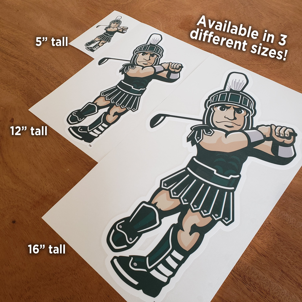 Various sizes of golfing Sparty car decal sticker